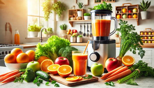 Bright kitchen with veggies laid out around a juicer and glass of carrot juice